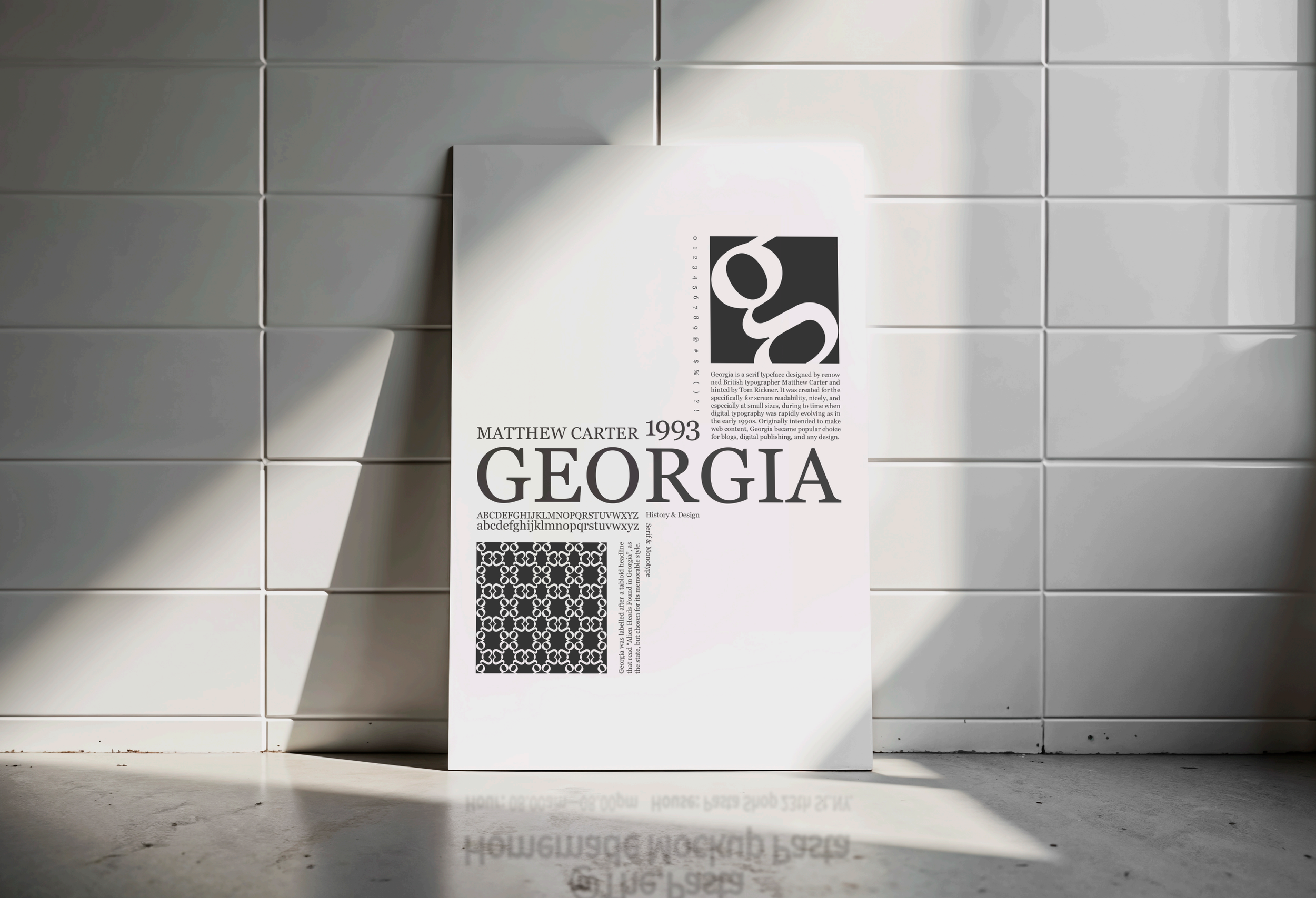 A sheet of paper with typography and design information about Georgia, a serif typeface, is leaning against a tiled wall. The sheet includes the name Georgia, designer Matthew Carter, and years 1993, along with various font samples and geometric pattern designs.