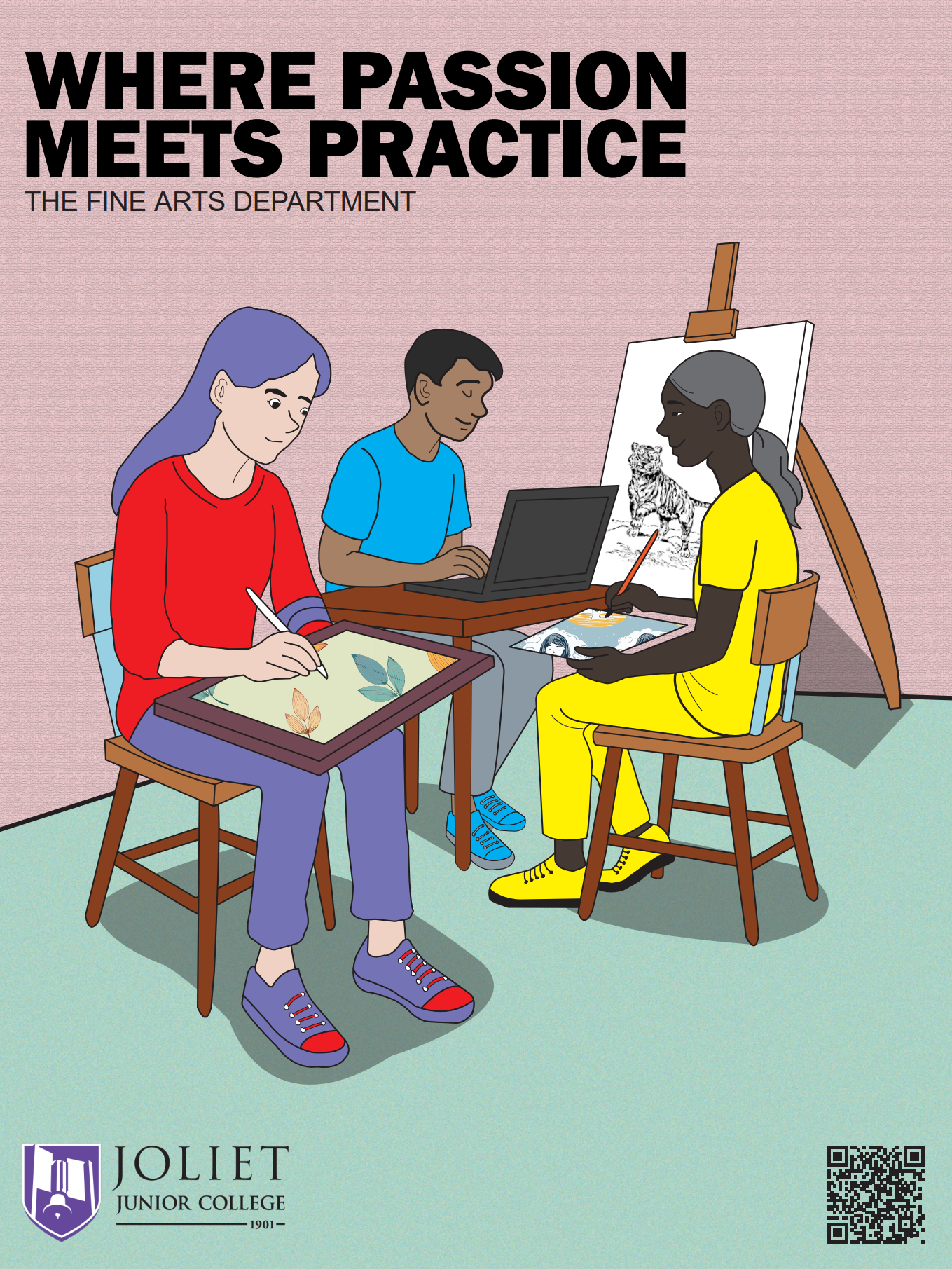 An illustration of three students in an art class at Joliet Junior College, working on creative projects with an art easel and a laptop, with the college logo and a QR code at the bottom.