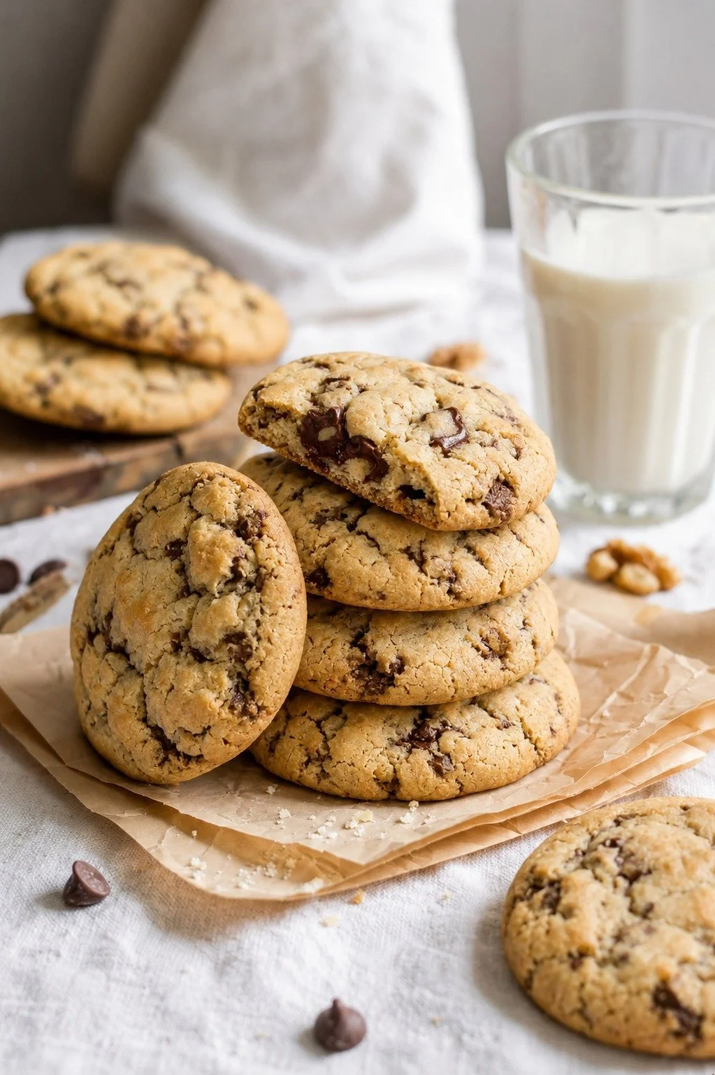 Stack of chocolate chip cookies on parchment paper with glass of milk in the background.