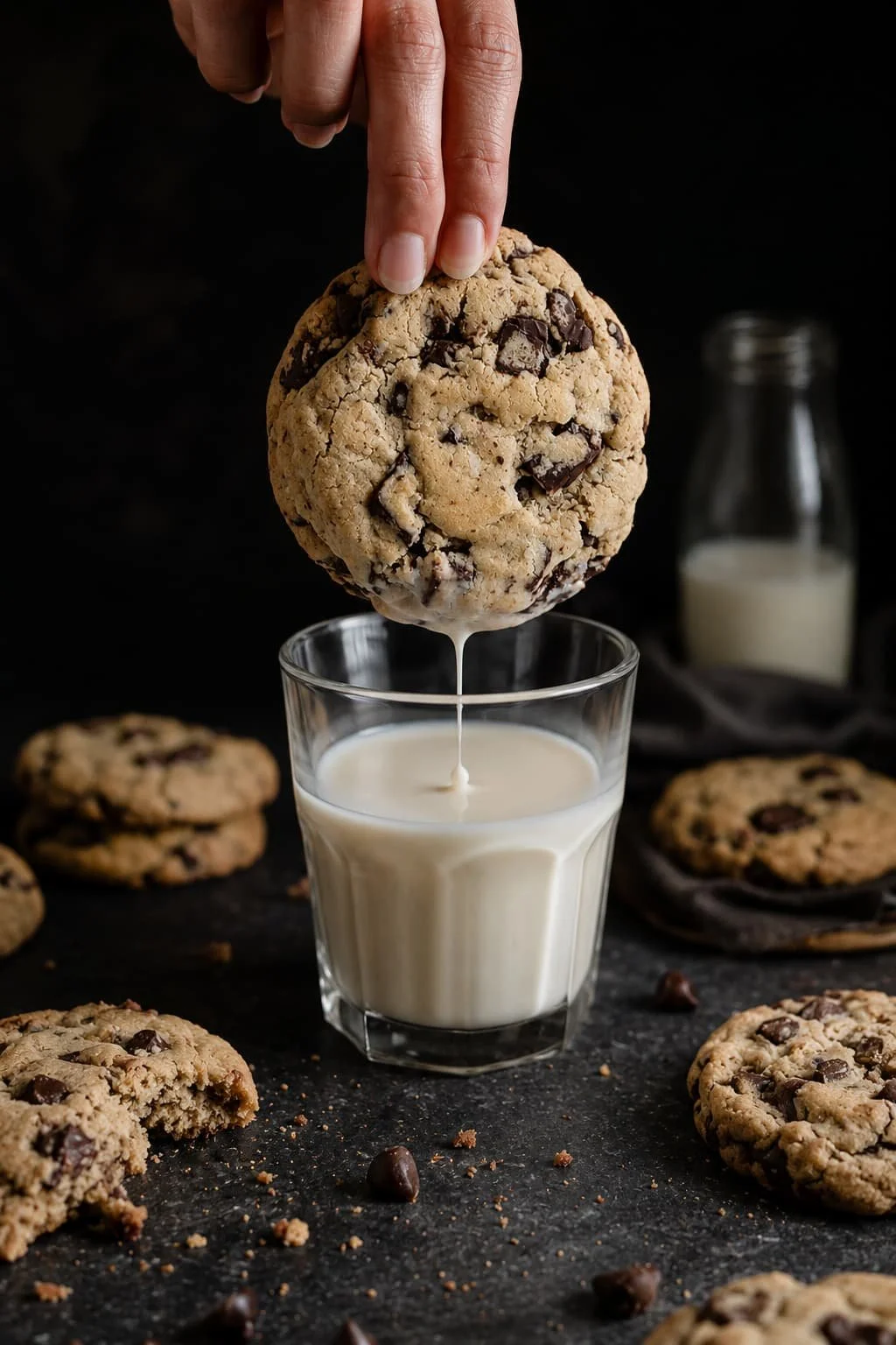 A hand is dipping a large chocolate chip cookie into a glass of milk, with additional cookies and a milk bottle visible in the background.