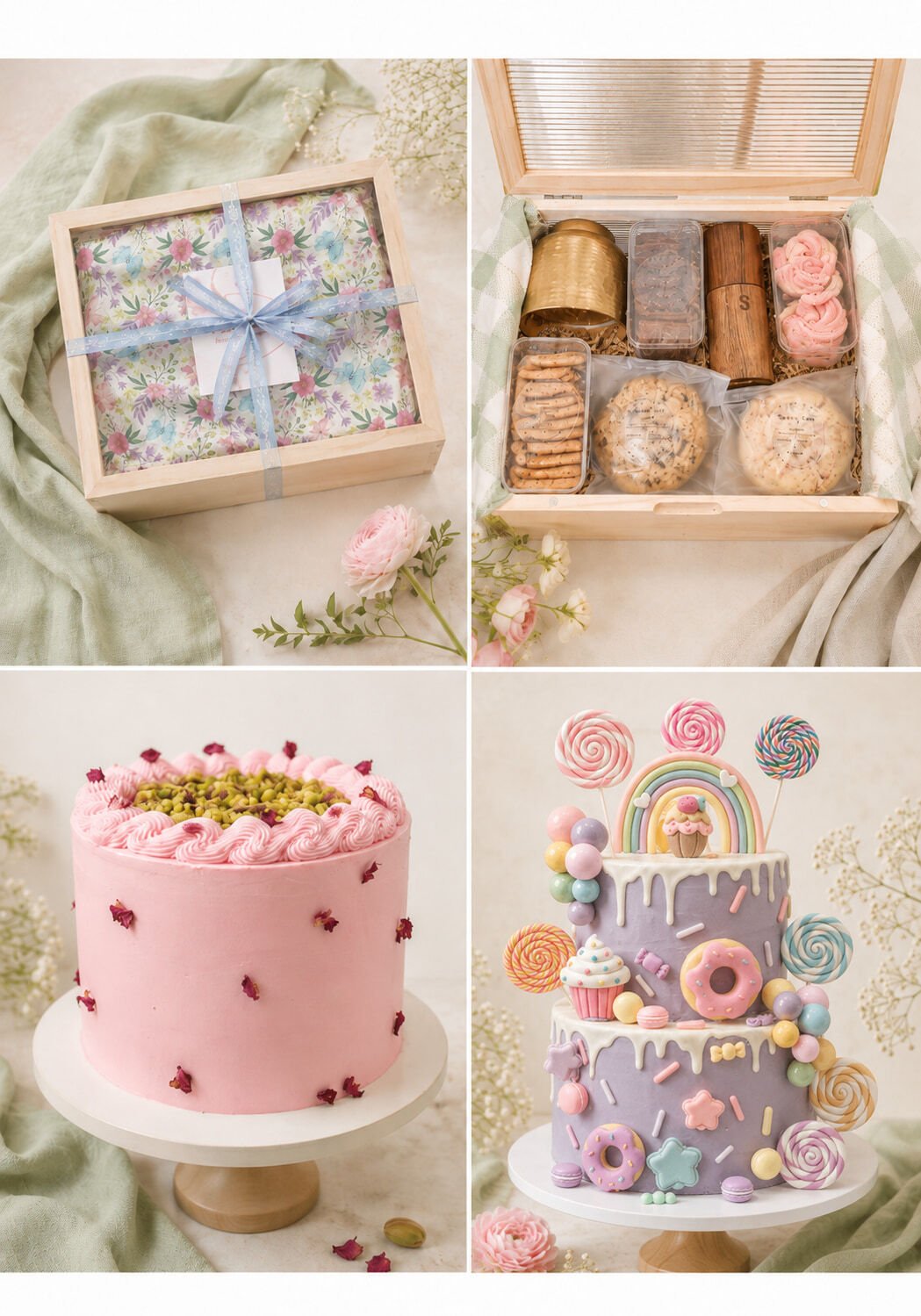 A pastel-colored birthday celebration setup featuring a gift box, a box of assorted cookies and snacks, a pink cake with a green pistachio topping, and a two-tier purple cake decorated with candies, lollipops, and rainbow-themed decorations.