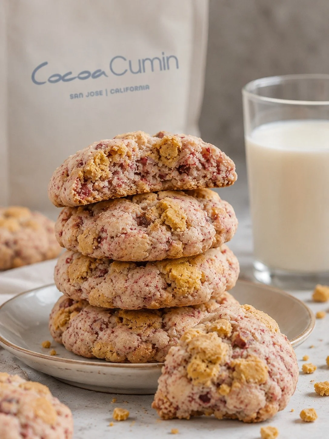 Stack of pink and yellow cookies with crumbs on a white plate, glass of milk, and bag of cocoa cumin in the background.