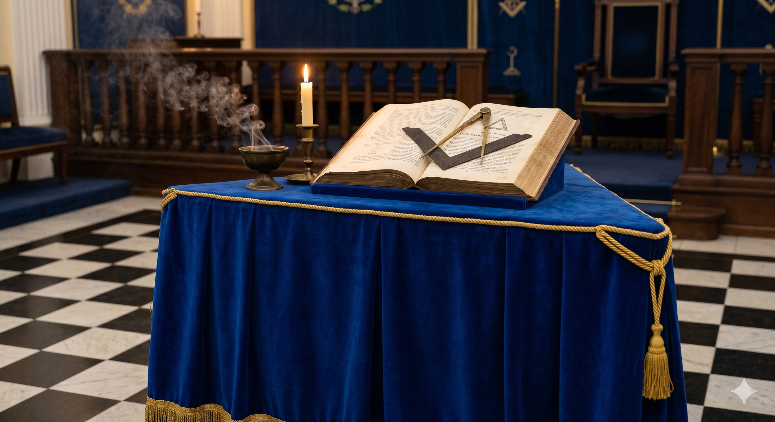 Un tavolo ricoperto con una stoffa blu con nappina dorata, su cui si trova un libro aperto, una candela accesa, un incensiere con fumo e alcune strumenti di metallo posizionati sopra il libro, all'interno di una stanza con sedie in velluto blu e decorazioni in legno.