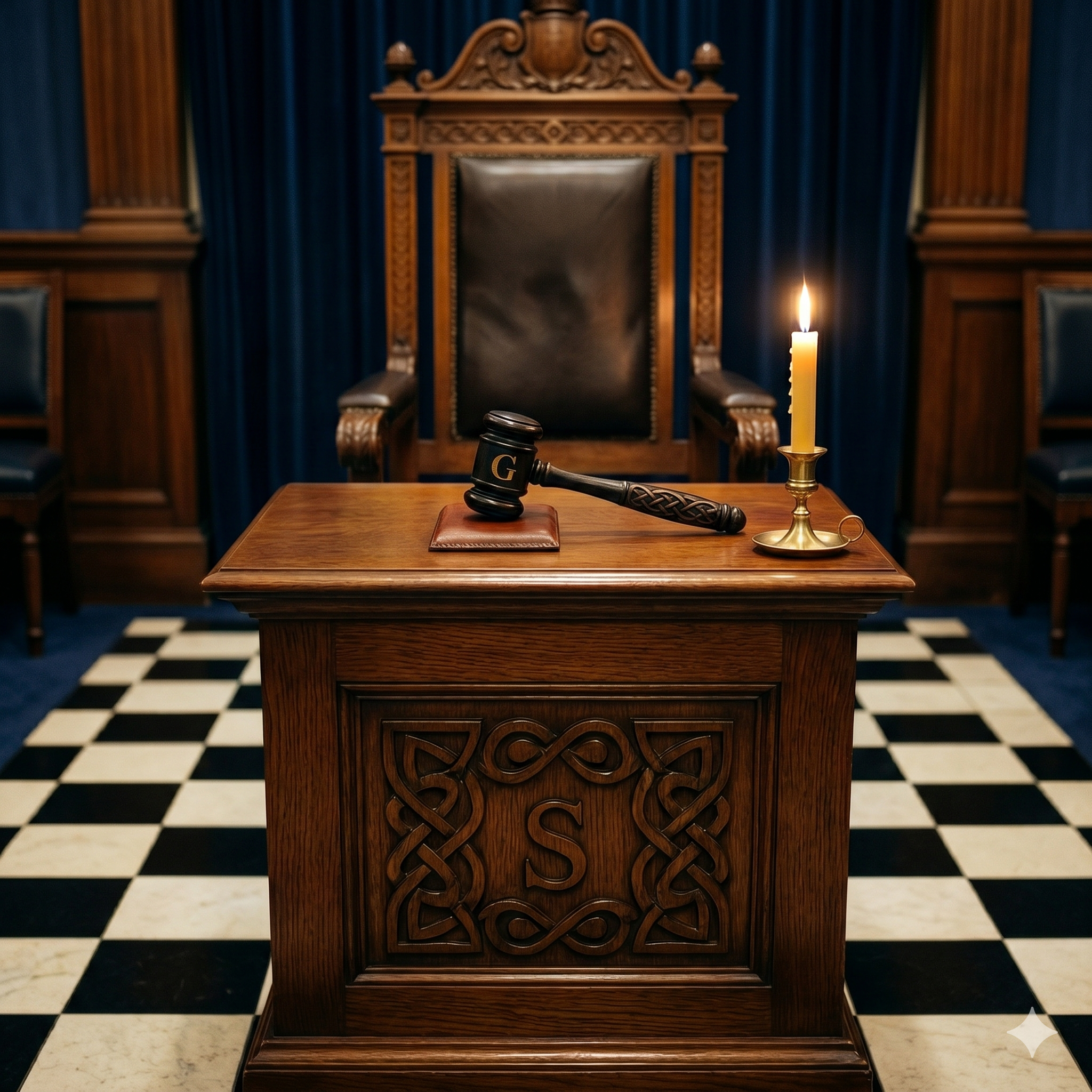 Sedia di legno scolpita con dettagli intricati, posizionata di fronte a un tavolo di legno, con una candela accesa a destra e un martello di giudice sul tavolo. Sfondo con tende blu e pavimento a scacchi bianco e nero.