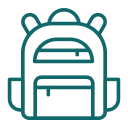 Outline of a backpack with multiple compartments and side pockets.