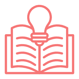 Outline of a light bulb above an open book, all in pink