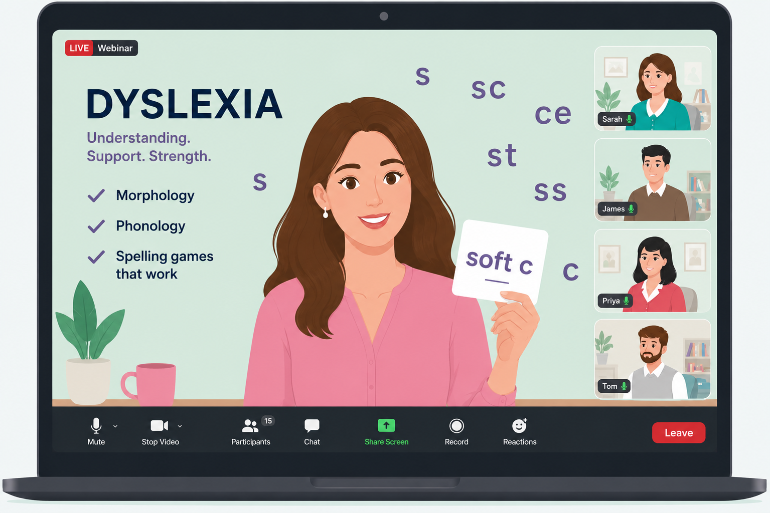 A woman is giving an online webinar about dyslexia, holding a card that says 'soft c,' with four participants visible on the right side of the screen. The webinar slide covers the topic of dyslexia, including morphology, phonology, and spelling games that work.