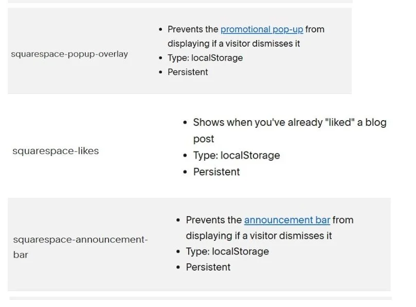 A screenshot of a webpage displaying information about three different Facebook JavaScript snippets: squarespace-popup-overlay, squarespace-likes, and squarespace-announcement-bar. Each section lists features like preventing pop-ups, showing likes, and blocking announcement bars, along with common attributes such as type: localStorage and persistent status.