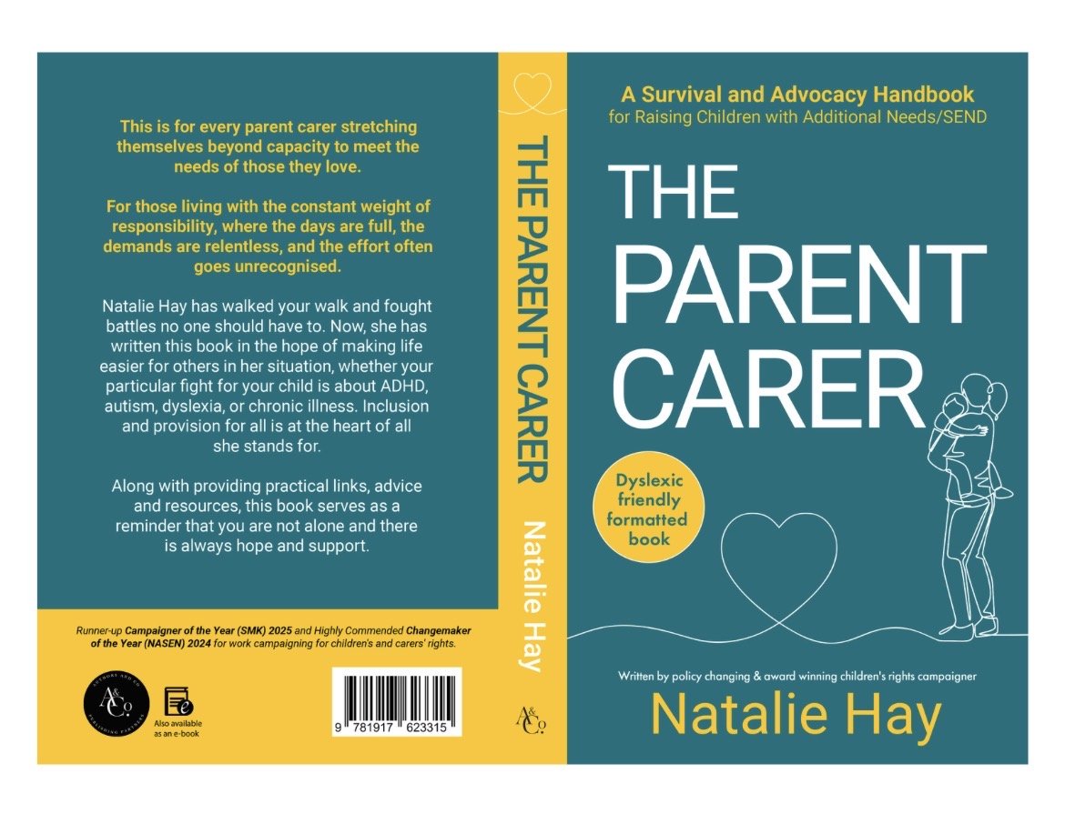 Cover of "The Parent Carer" book with teal background, yellow accents, and white and yellow text. Features illustration of a parent hugging a child on the right side.