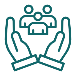 Outline of two open hands holding a group of three people icons above them, symbolizing care or support.