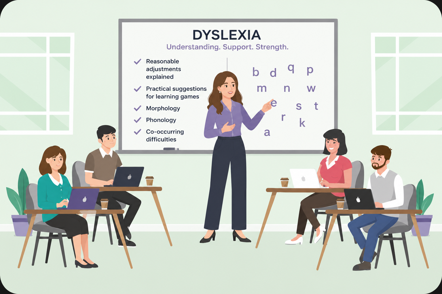 A teacher giving a lesson on dyslexia to a class of four students in a classroom. The teacher points to a whiteboard with the word 'DYSLEXIA' and related points, with some students working on laptops.