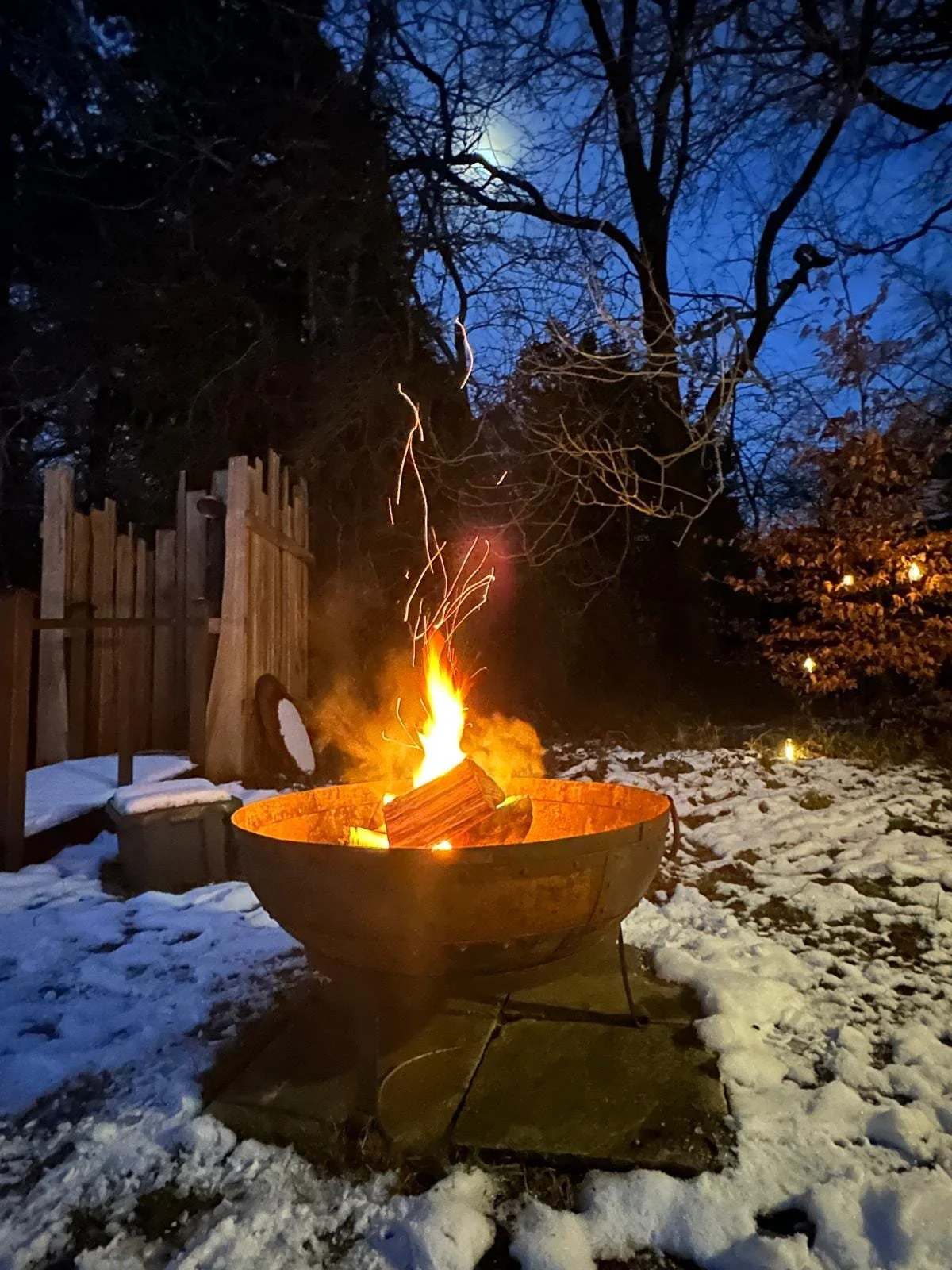 A fire burning in a large metal fire pit outside at night, with snow on the ground and leafless trees in the background.