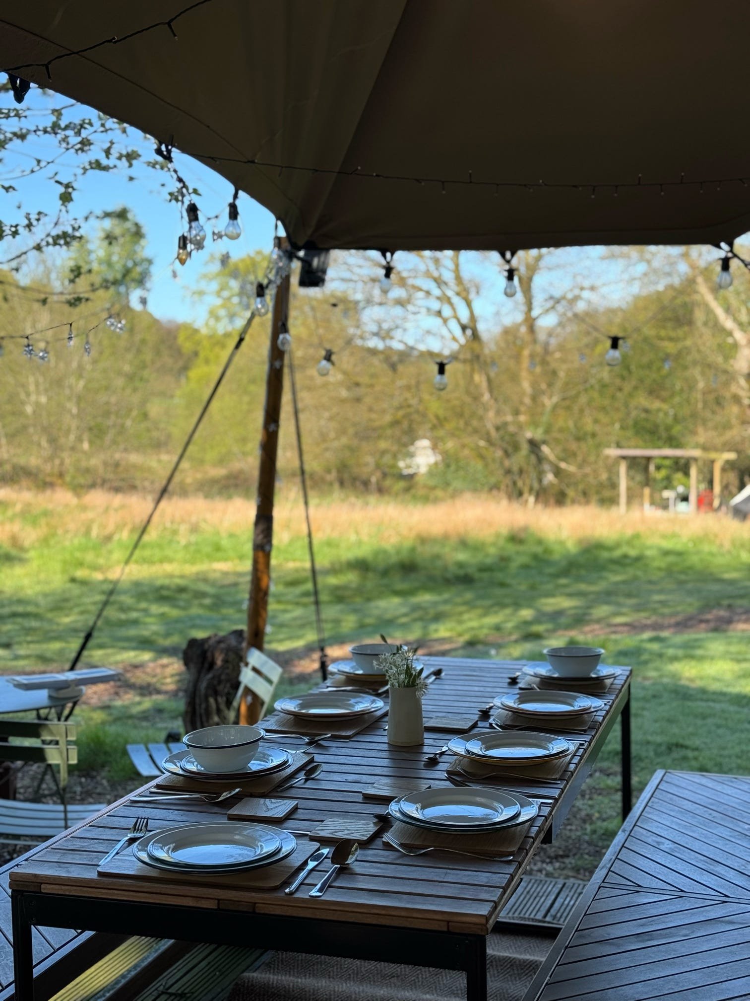 Outdoor dining table set with white bowls, plates, and silverware on a wooden table, under a canopy with string lights, surrounded by greenery and trees.