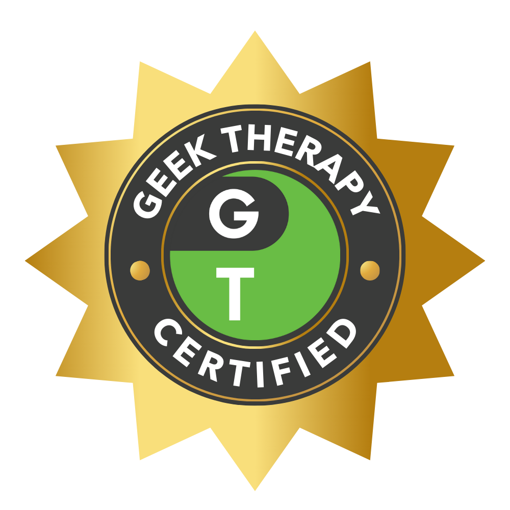 Geek Therapy Certified badge with black, white, green, and gold colors.