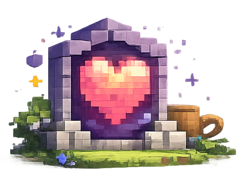 Pixelated stone structure with a large glowing heart at the center, surrounded by flowers, a barrel, and a small plant on a grassy surface.