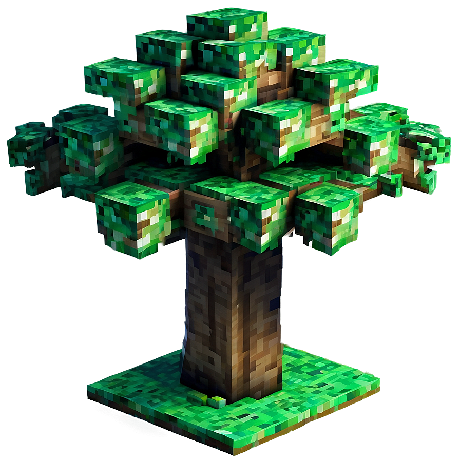 A pixelated, blocky tree from the video game Minecraft, with a brown trunk and green leaves on a grassy base.