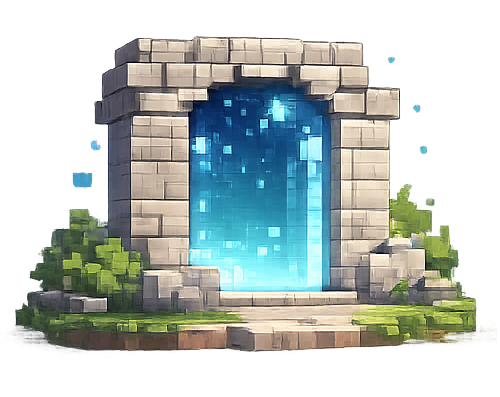 A stone archway gate with a glowing blue digital portal inside, surrounded by greenery.
