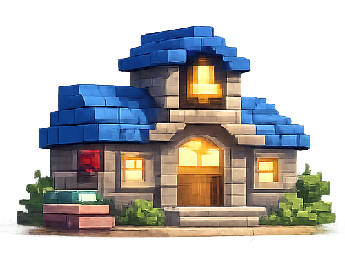 A colorful pixel art-style house with blue roofing, warm glowing windows, surrounded by greenery.