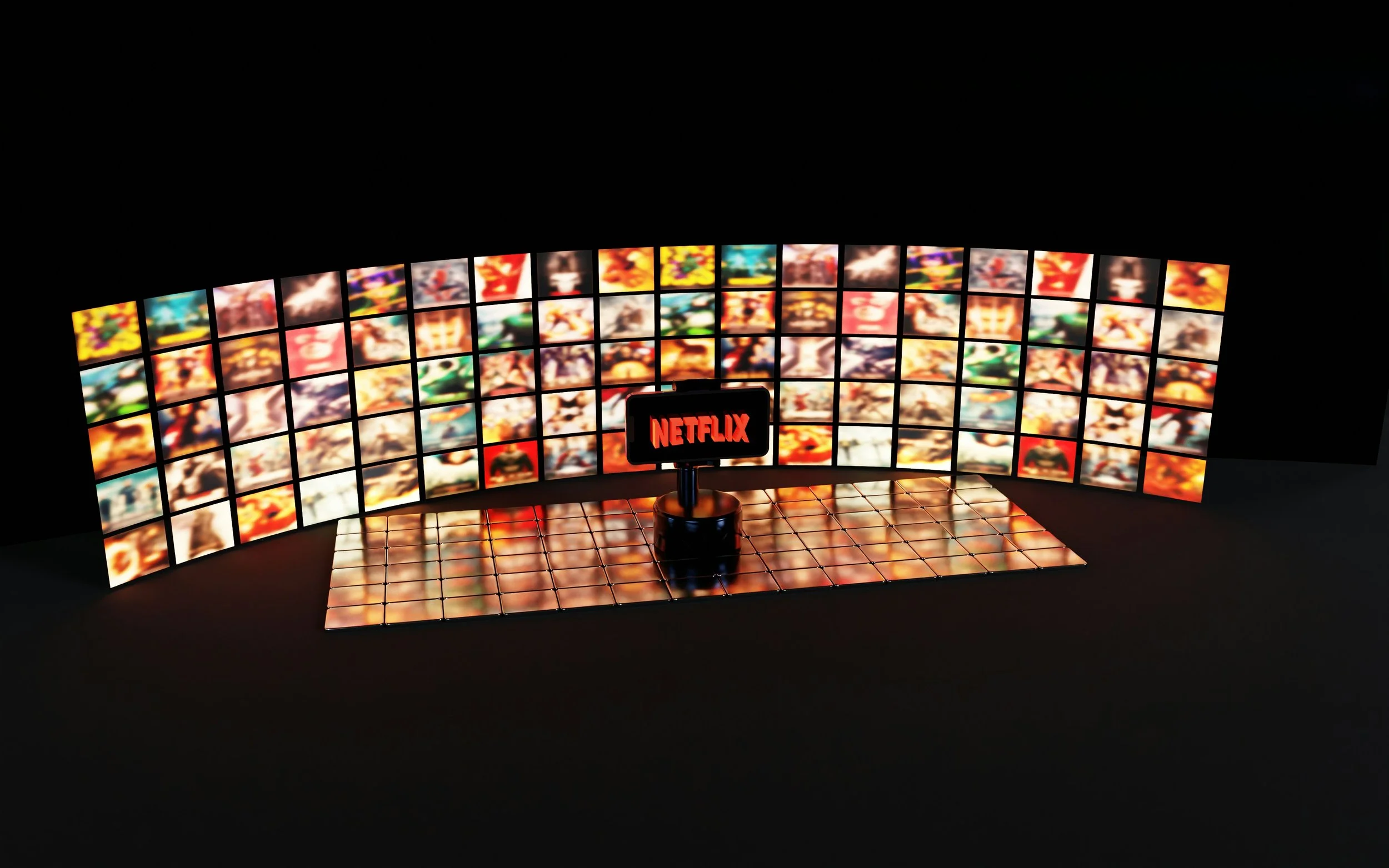 A large curved display of multiple screens showing a collage of colorful images, with a small platform in front holding a digital sign that says 'Netflix'.