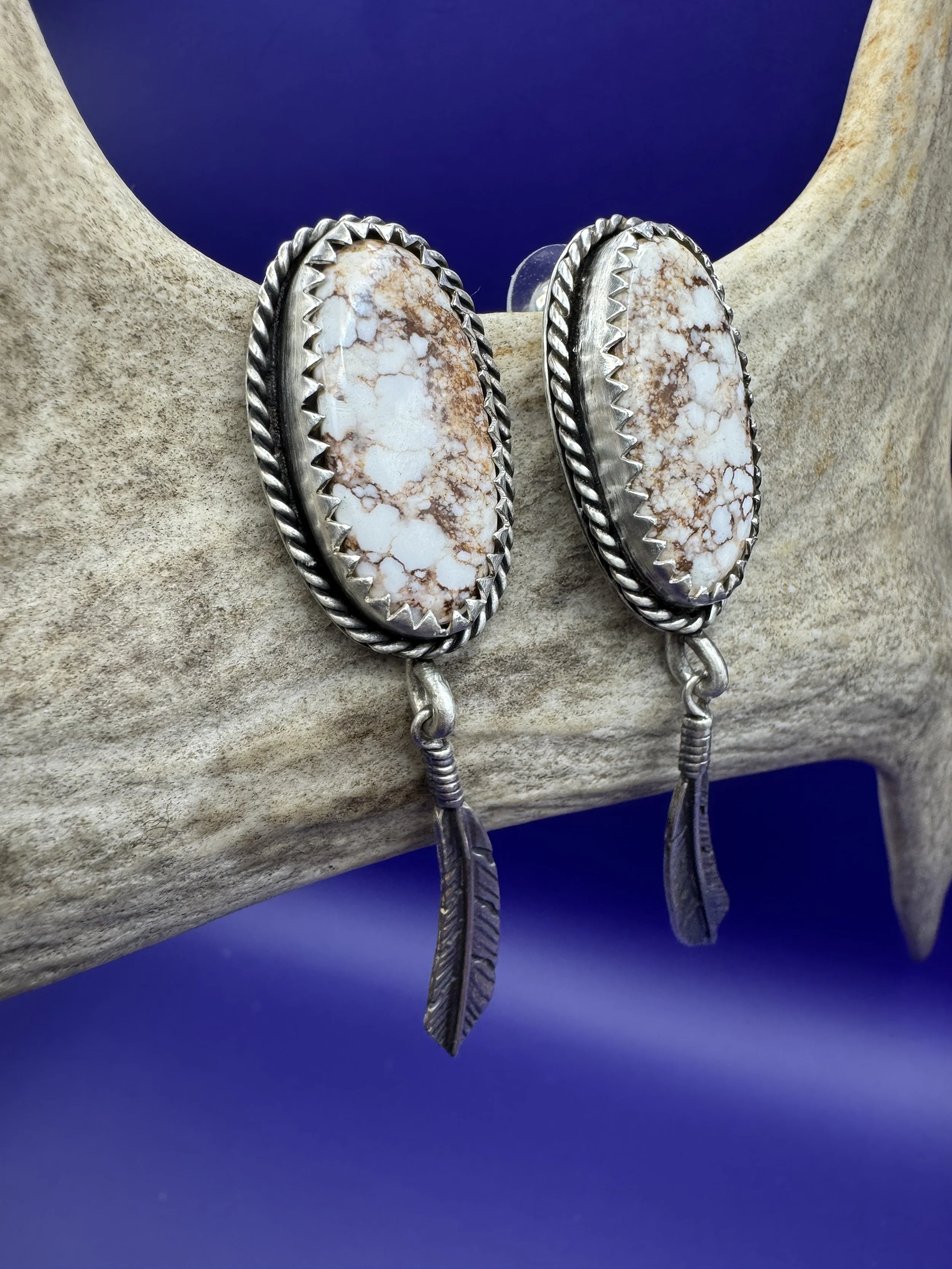 White Horse Turquoise Feather Stud Earrings