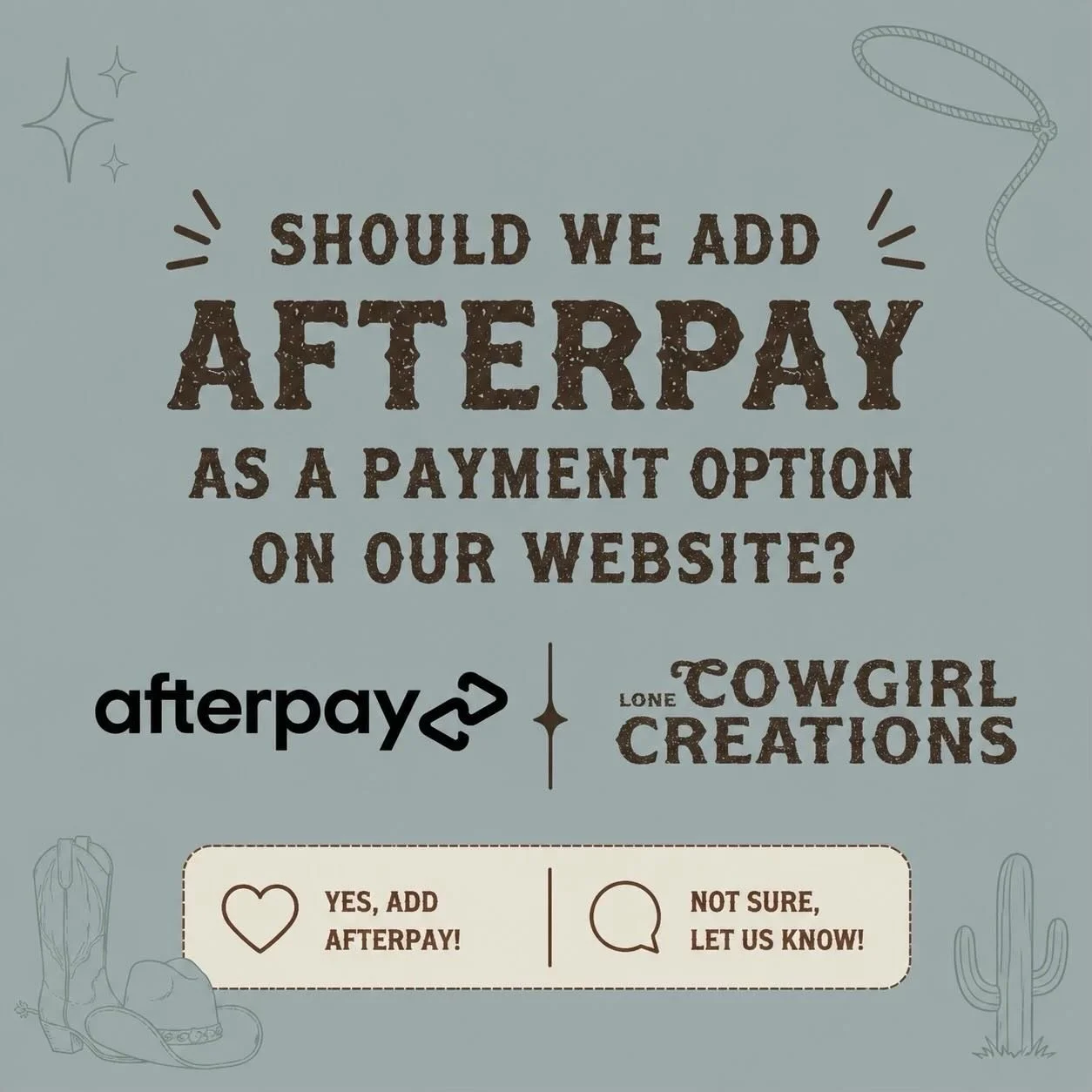 We need your opinions ☺️ should we add Afterpay to our website? 
Let us know in the comments ✨