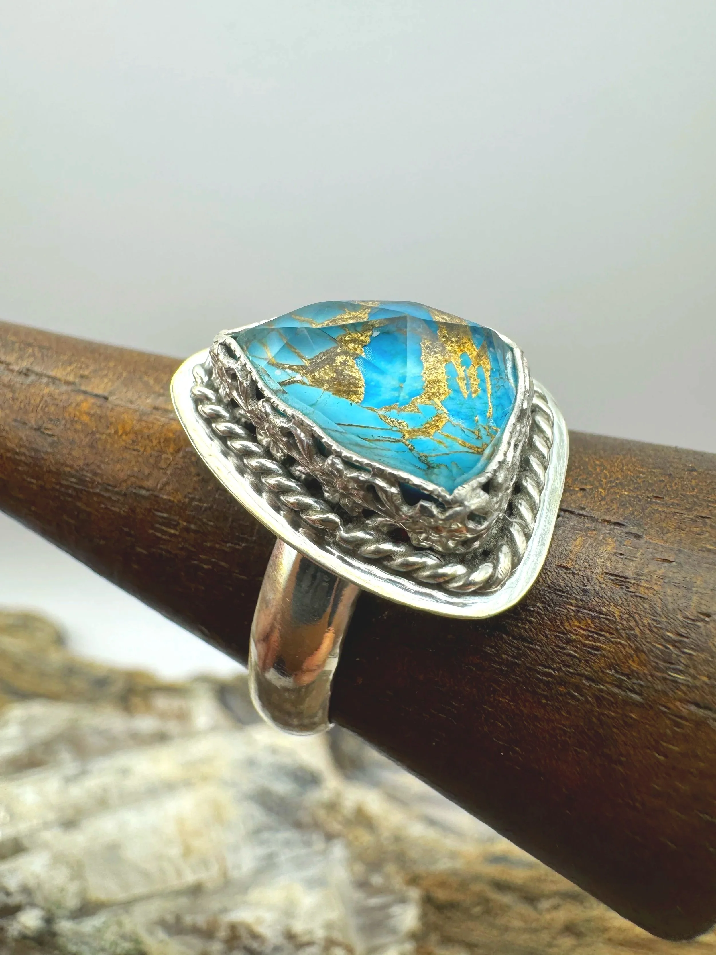 Turquoise and Copper Faceted Doublet Ring Size 11