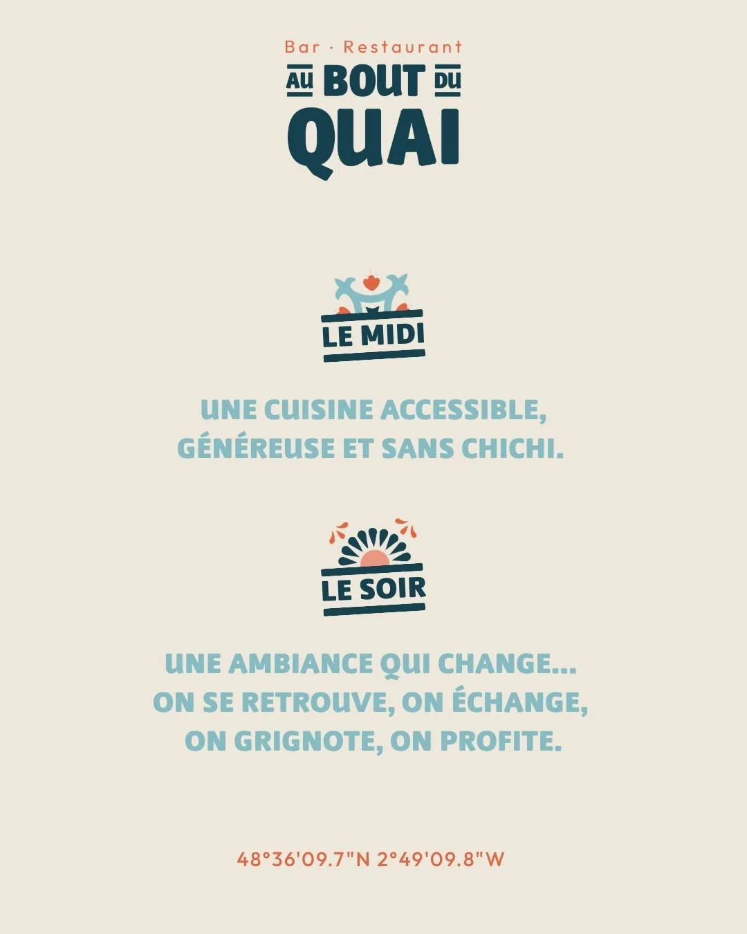 Le midi comme le soir, on se retrouve Au bout du Quai, et on profite 💙

💌 Ouverture le 16.04 au soir 
☎️ R&eacute;servation au 02 96 69 64 19