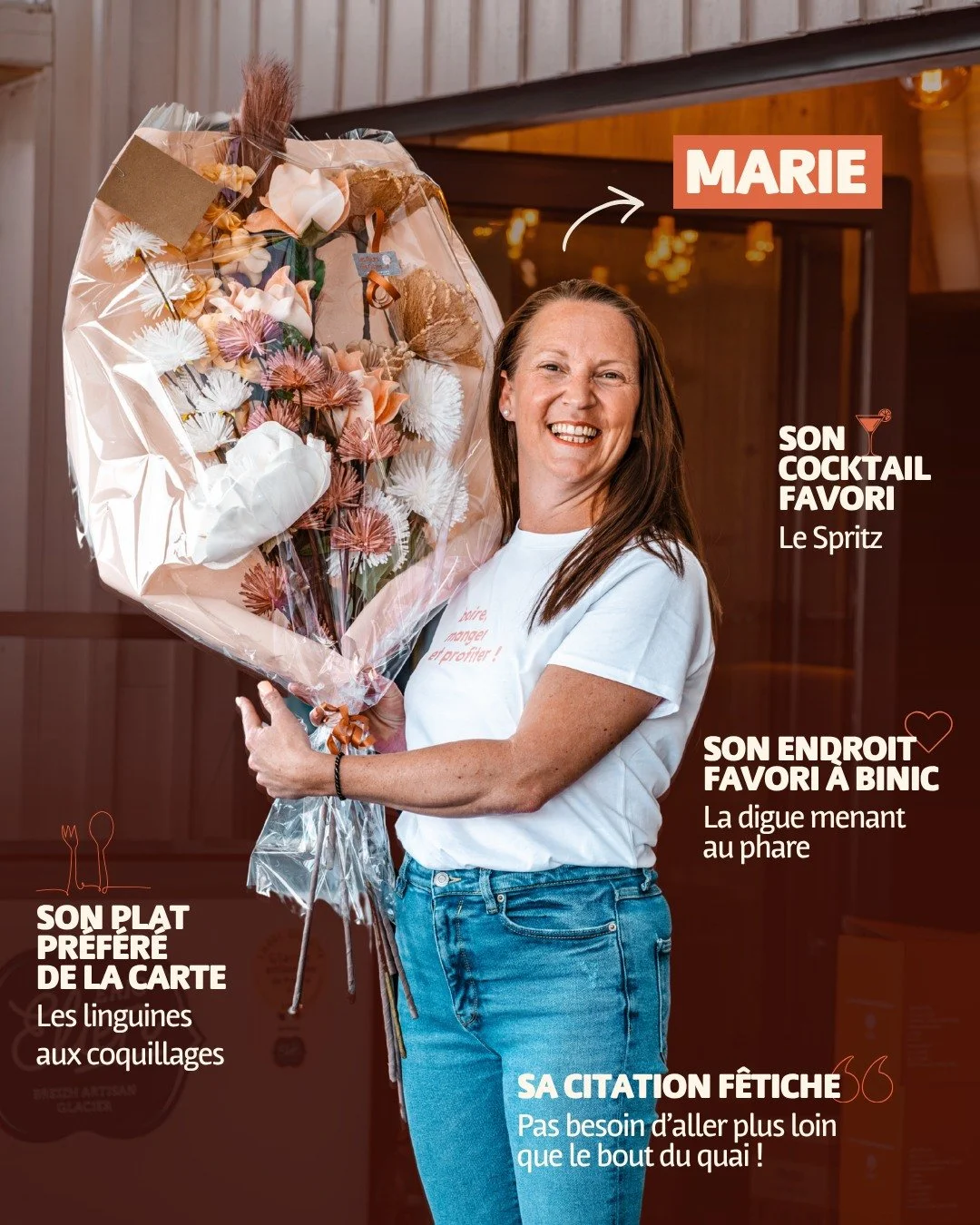 RENCONTREZ MARIE 🩷

Son plat pr&eacute;f&eacute;r&eacute;, sa citation f&eacute;tiche ou encore son coin favori &agrave; Binic&hellip; Marie vous d&eacute;voile ses indispensables, et vous attend Au bout du quai 👀⚓️