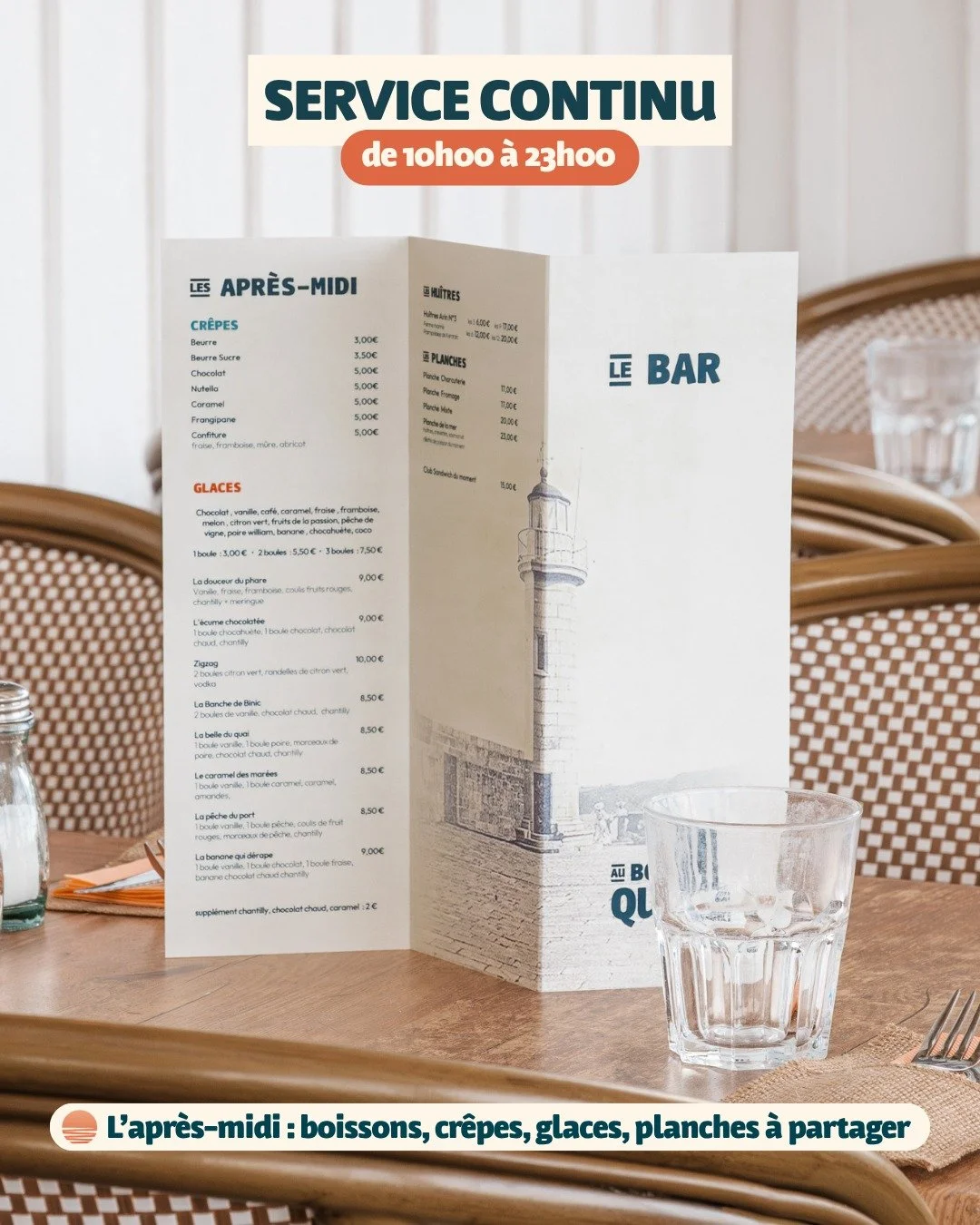 Service continu de 10h &agrave; 23h 😎
&Ccedil;a veut dire que m&ecirc;me entre 15h et 18h30 on continue de vous r&eacute;galer : cr&ecirc;pes, glaces, planches &agrave; partager... ! 🥞🍦