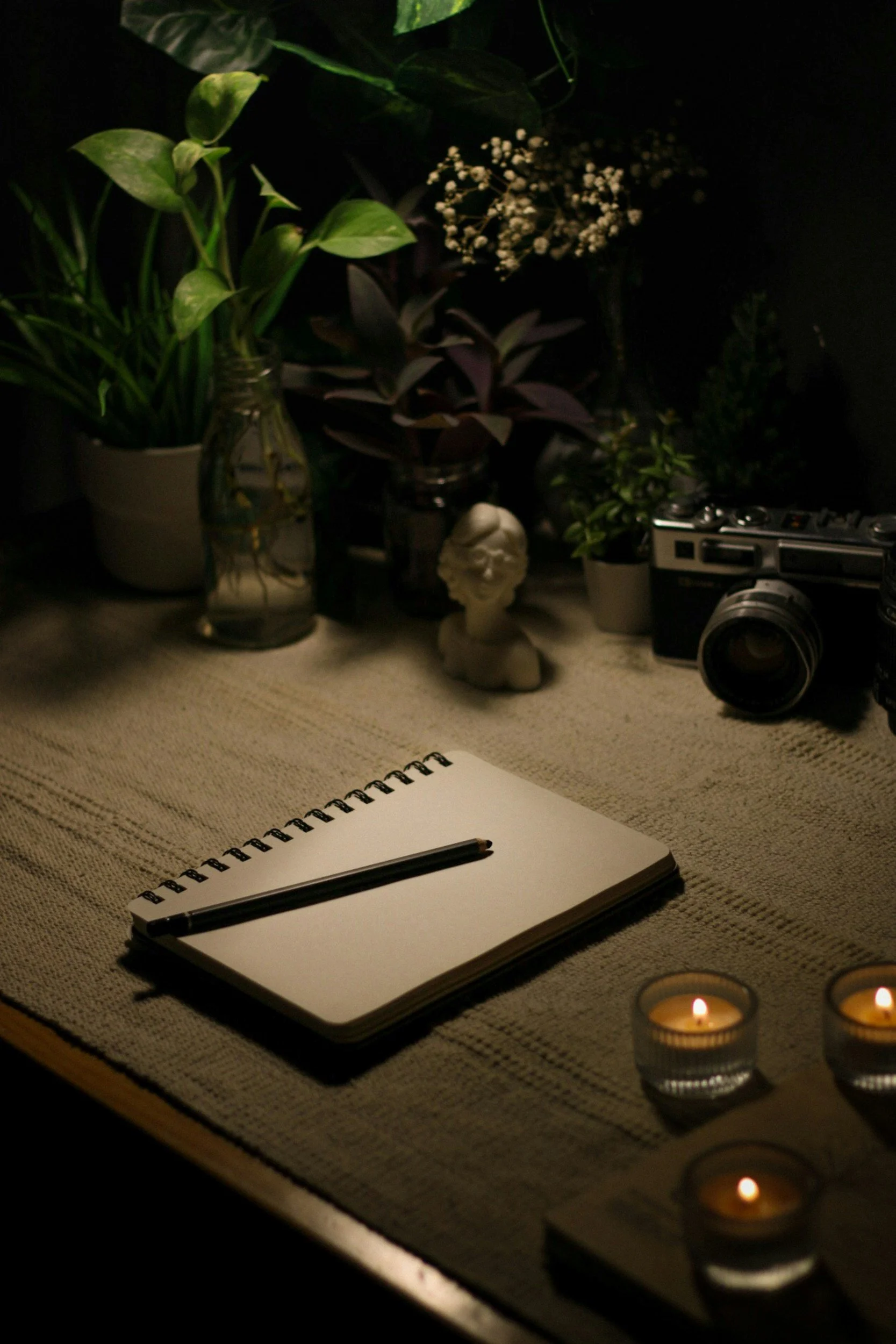 A wooden table with a notepad and pen, surrounded by candles, potted plants, a small bust sculpture, and a vintage camera in a dimly lit setting.