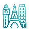 Line drawing of iconic Paris landmarks, including the Eiffel Tower, Big Ben, and the Leaning Tower of Pisa.