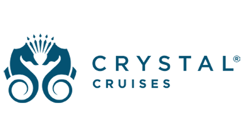 Crystal Cruises logo featuring a stylized blue and white emblem with a crown, wings, and swirling design, next to the text 'CRYSTAL CRUISES'.
