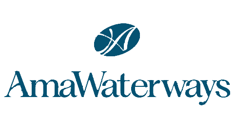 Logo of AmaWaterways featuring a stylized blue leaf and the company name in blue text.