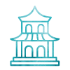 Outline of a traditional pagoda or temple with multiple tiers and a curved roof