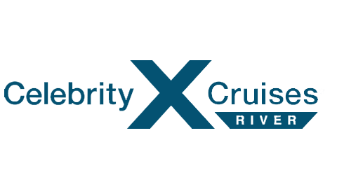 Logo for Celebrity Cruises River featuring the words 'Celebrity' and 'Cruises' with a large 'X' and 'River' below, on a black background.
