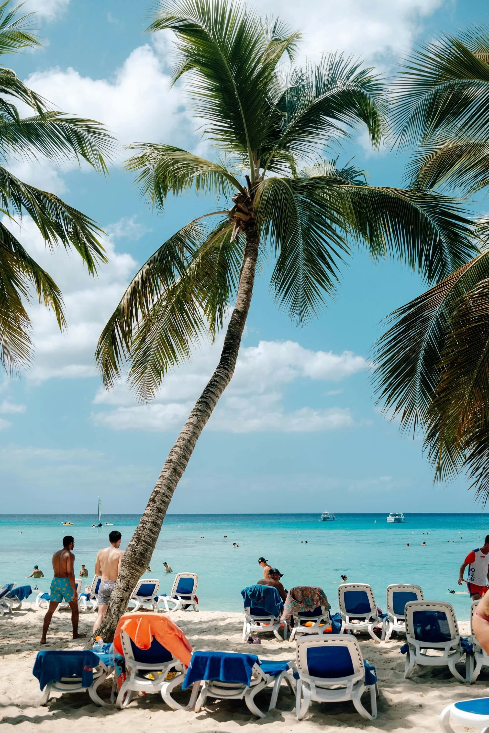Beach scene with a tall palm tree in the foreground, lounge chairs with towels, people wading and swimming in the ocean, boats anchored offshore, and a partly cloudy sky.