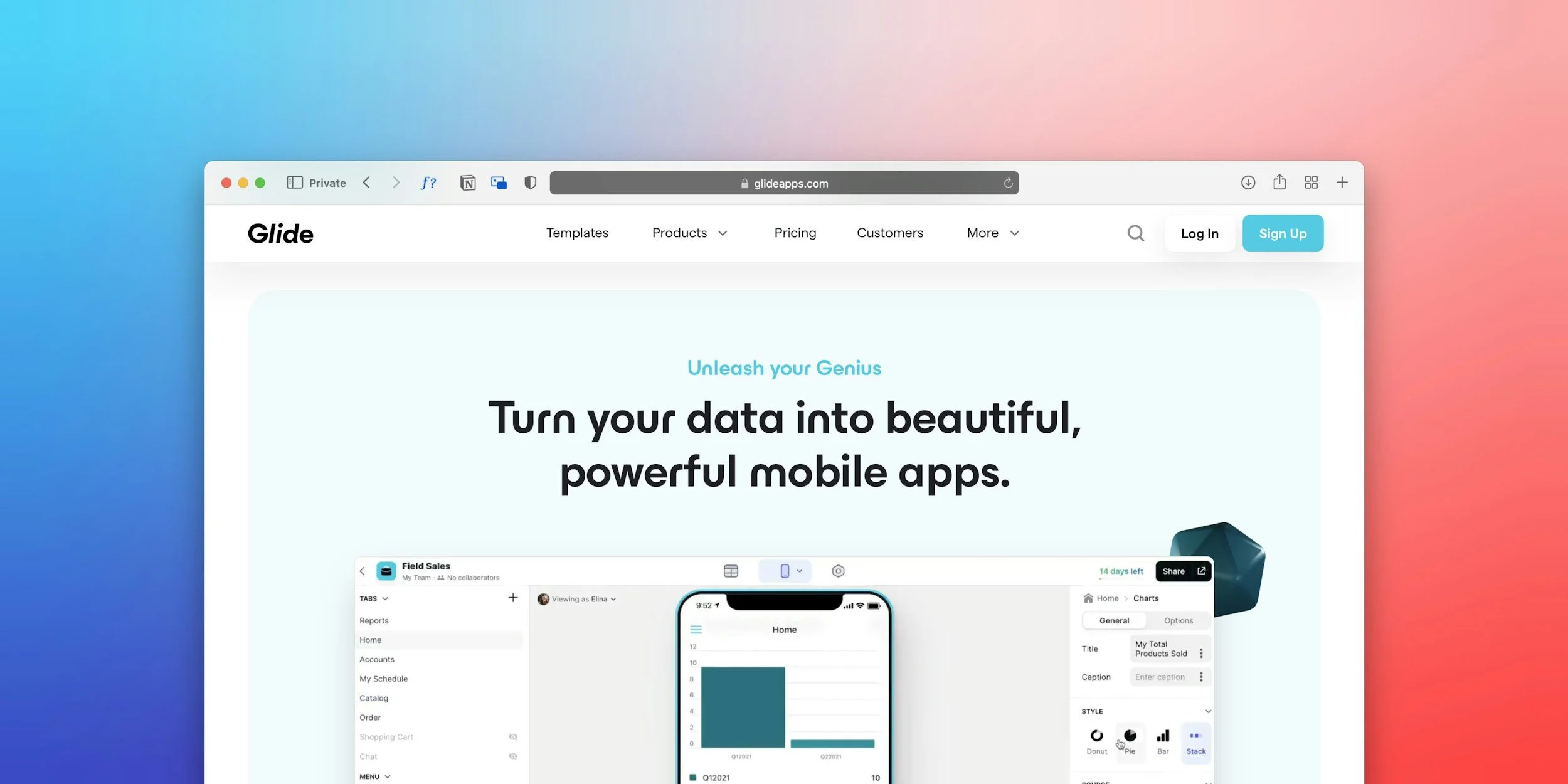 Skärmbild av en webbplats för glasögon, med texten 'Turn your data into beautiful, powerful mobile apps' och ett mobilapplikationsfönster.