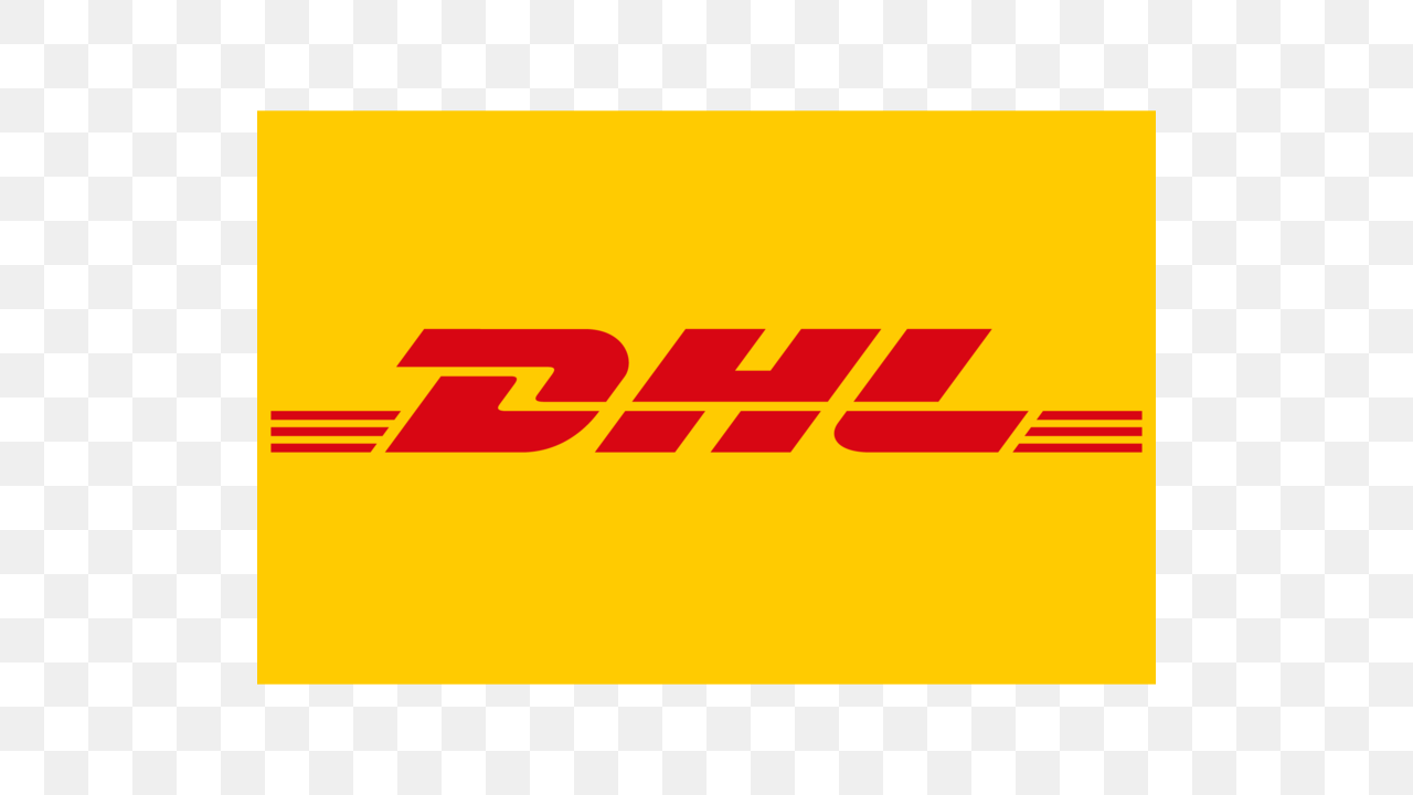 DHL-logotyp på gult bakgrund.