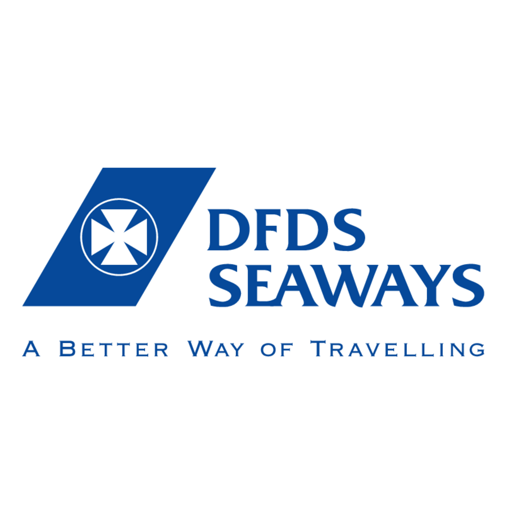 Logotyp för DFDS Seaways med blått kors och sjöhavslogo samt texten 'A Better Way of Travelling'.