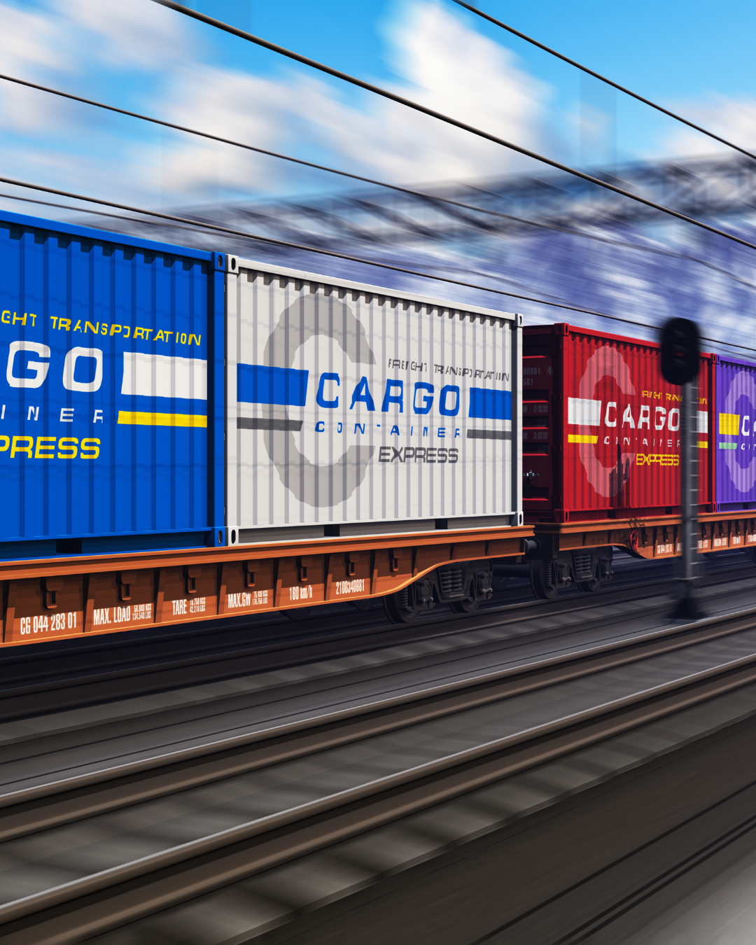 Färgglada containers på ett tåg i rörelse, med blå, vit, röd och lila containers med text om godstransport, under en blå himmel med moln.