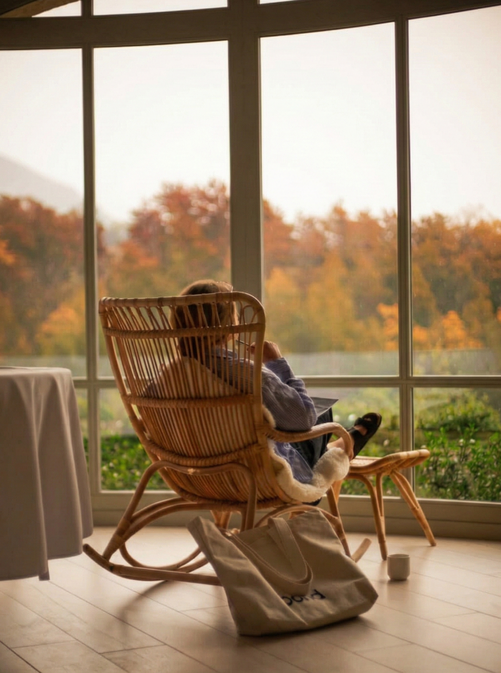 Personne assise dans un fauteuil en rotin près d'une grande fenêtre donnant sur un paysage automnal, avec un sac en toile au sol. La scène est chaleureuse et détendue.