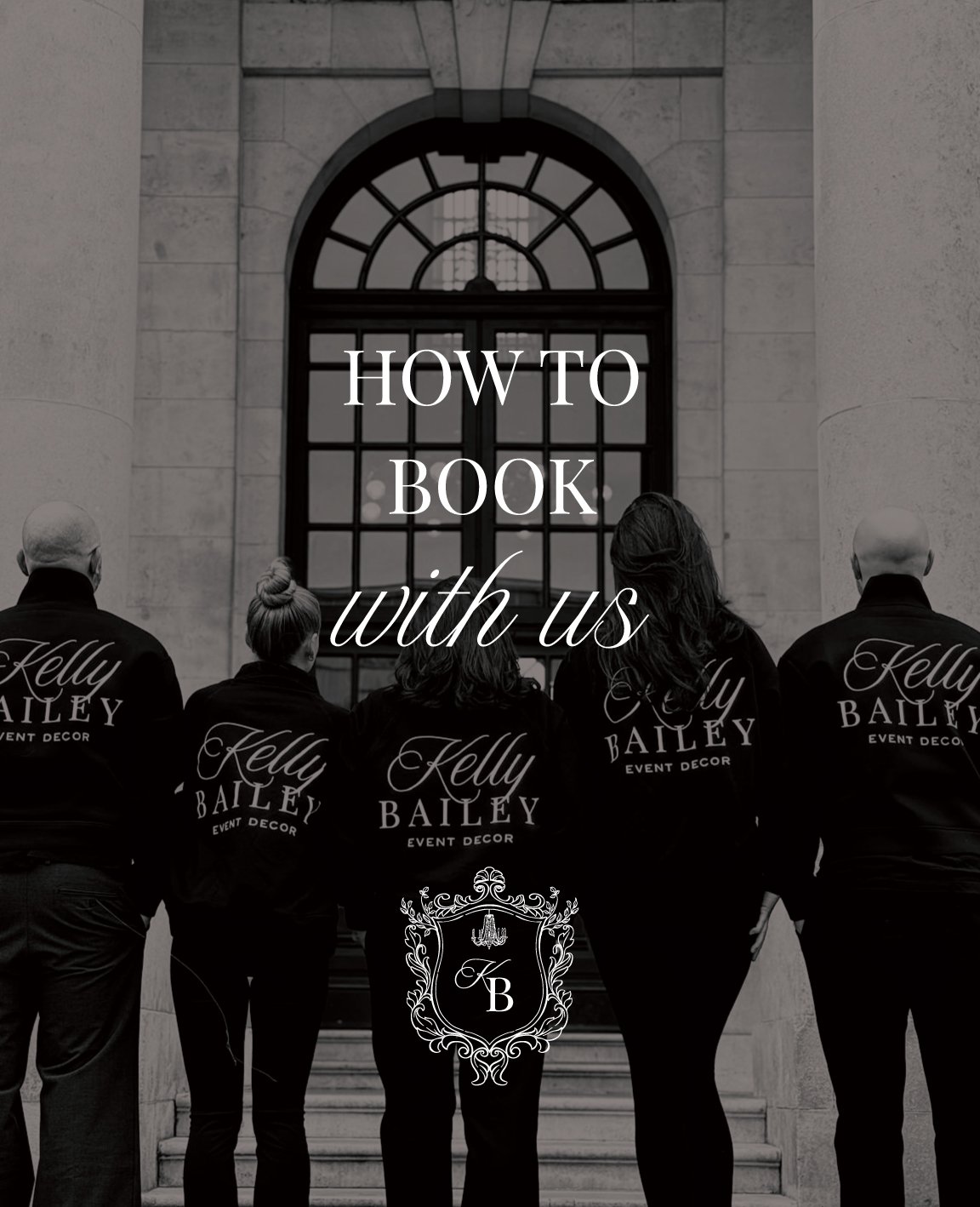 A black and white photo showing five people standing on steps outside a building, facing away, with the text 'How to Book with Us' over the image, and a logo with initials 'KB' at the bottom.