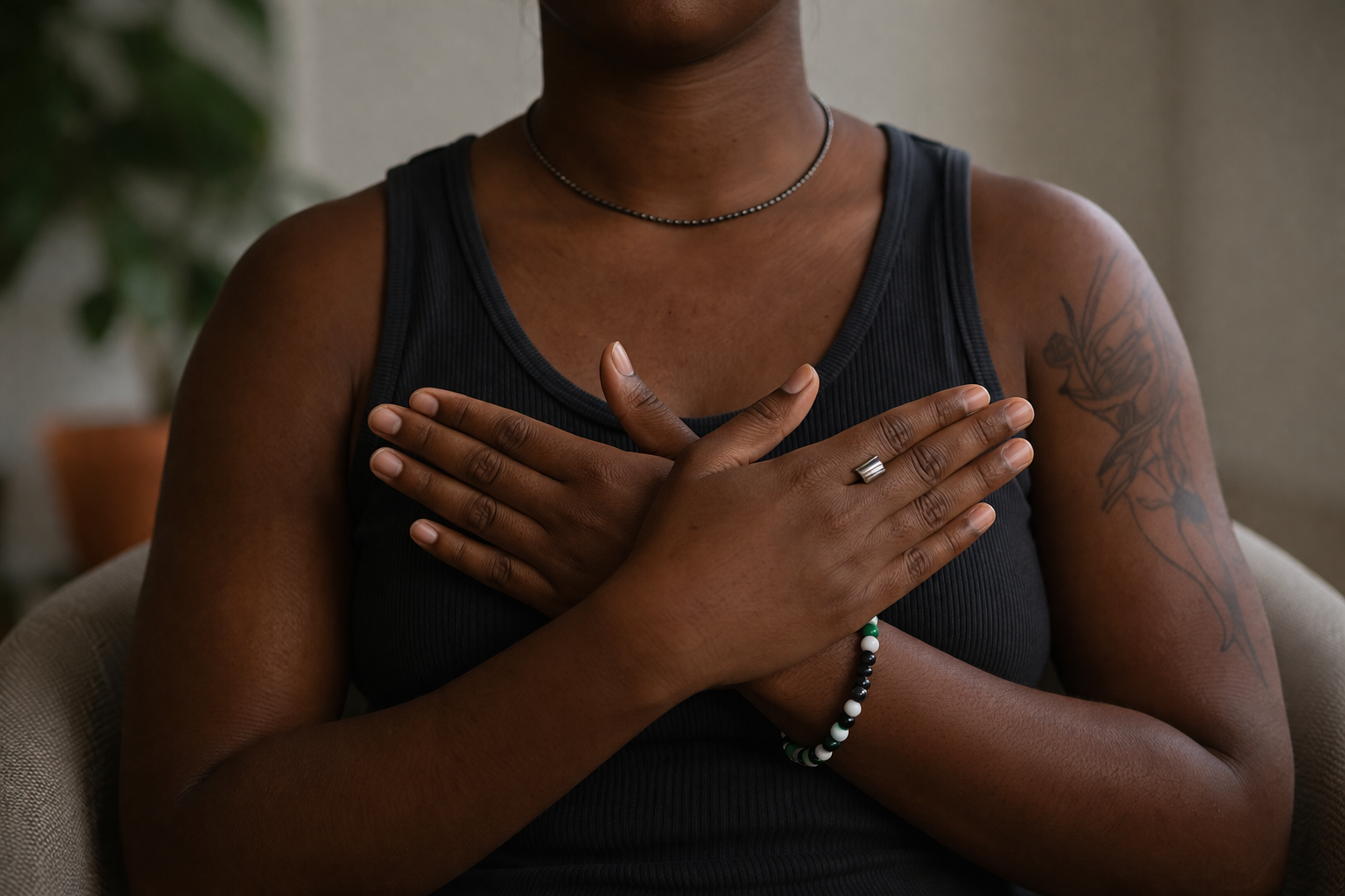 A person with dark skin wearing a black tank top, silver ring, beaded bracelet, and a delicate necklace, crossing their hands over their chest with a tattoo on their upper arm.