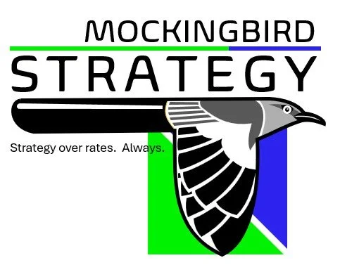 Mockingbird Strategy logo with a bird illustration, green and blue geometric accents, and text emphasizing strategy over rates.
