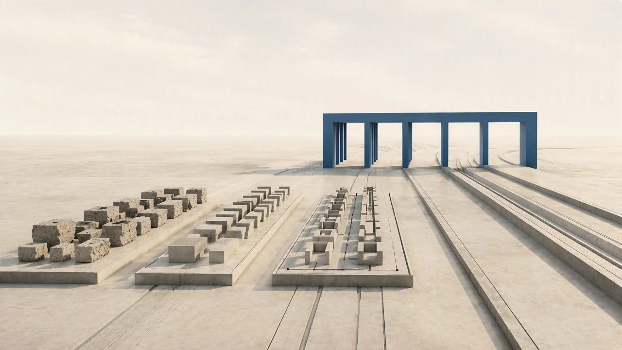 Abstract architectural landscape illustrating pathways, structure, and interconnected systems.