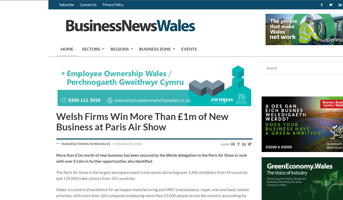 BusinessNewsWales features MES in Paris Airshow article