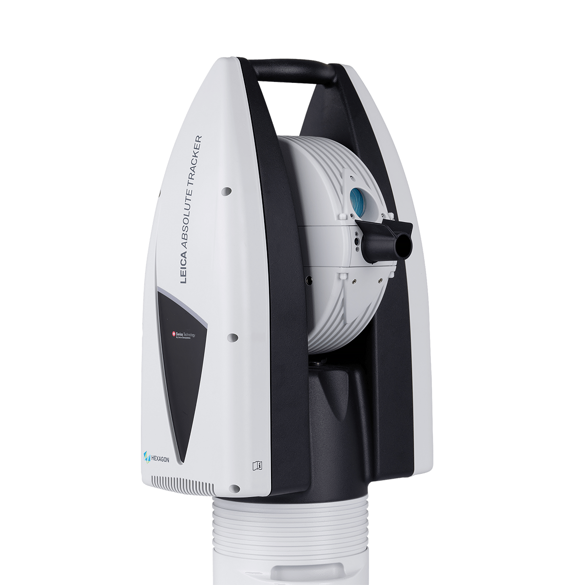 Leica Absolute Tracker, a high-tech surveying instrument with a white and black exterior and a lens on the front.