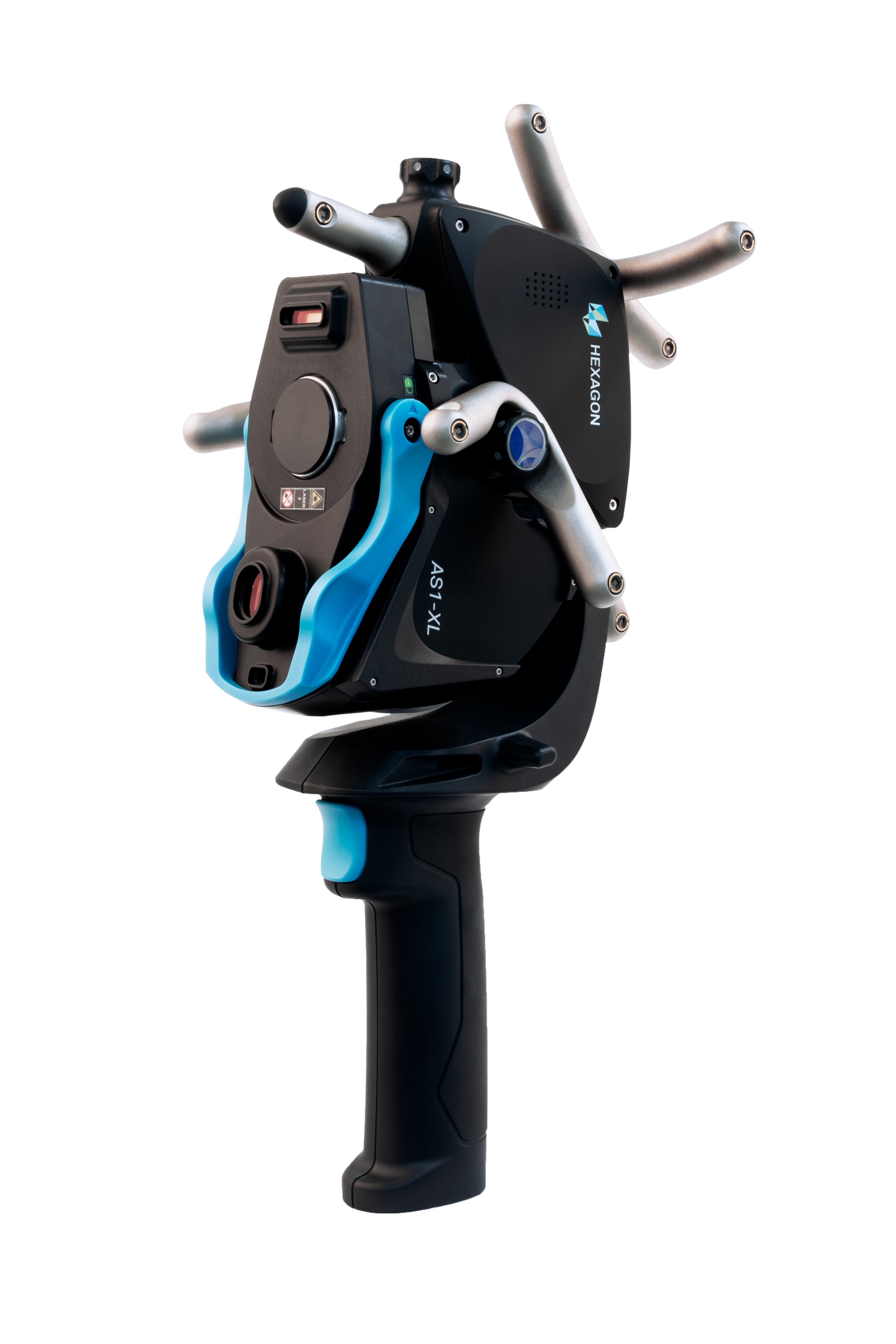 A handheld remote control device with multiple buttons, switches, and a joystick, prominently featuring black, blue, and gray colors, branded with 'Hexagon' and 'AS1-XL' labels.