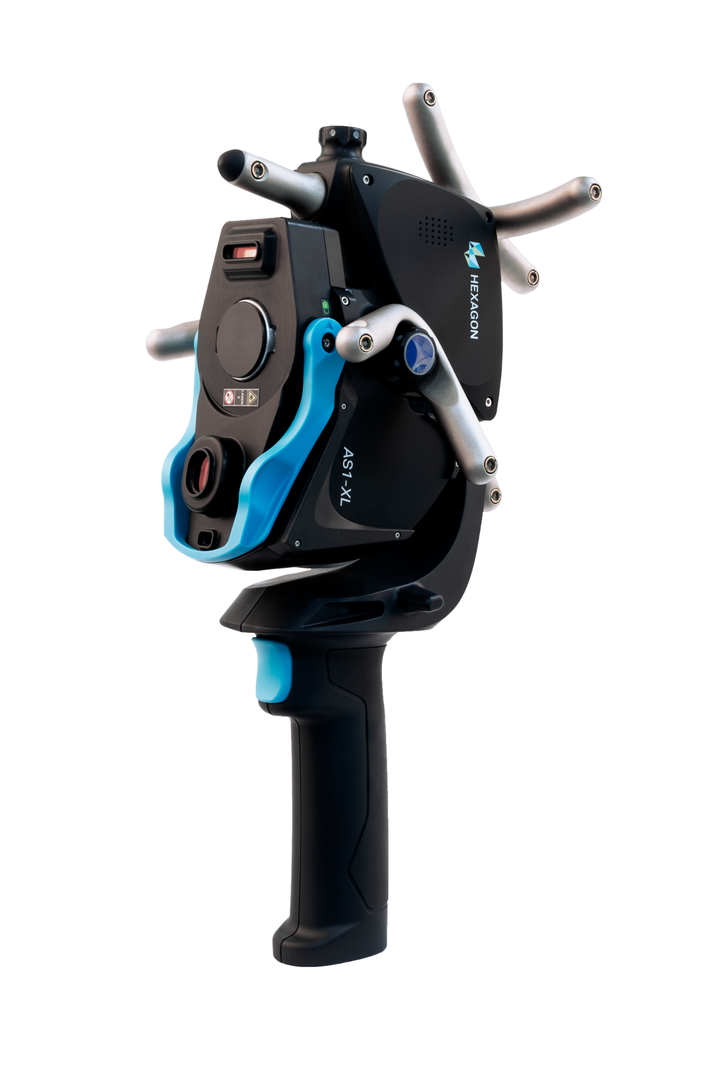 An AS1, Absolute Scanner metrology engineering device with a black and blue color scheme, multiple buttons, a control stick, and branding that reads HEXAGON and AS1-X.