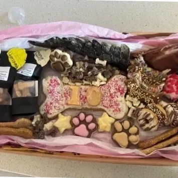 Assorted dog treats and cookies in a pink tray.